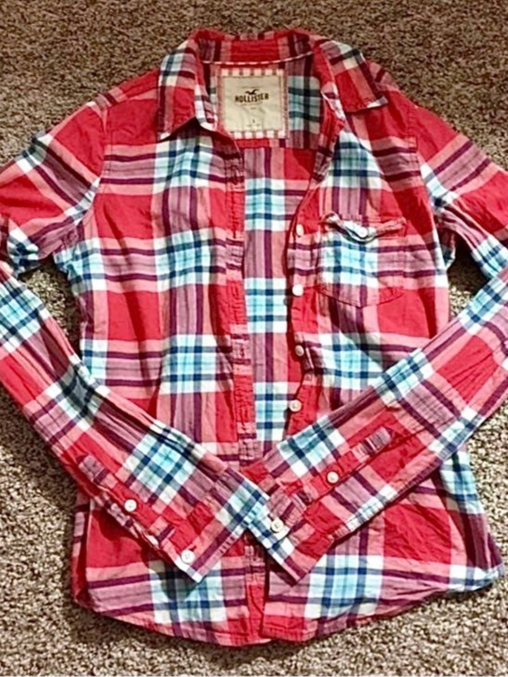 Hollister Red Plaid Button-Front Collared Shirt long sleeve S